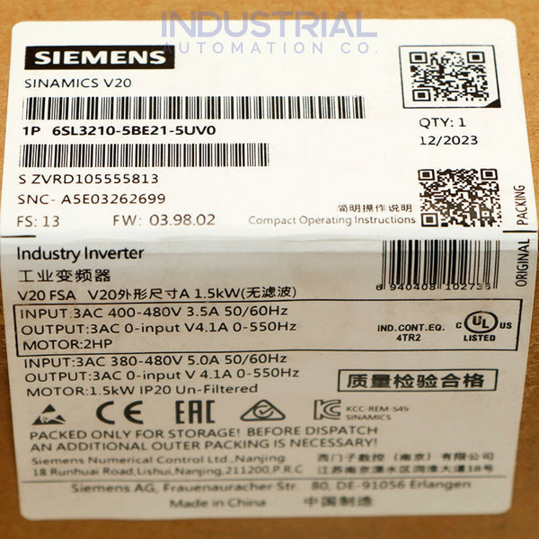 Siemens 6SL3210-5BE21-5UV0 New