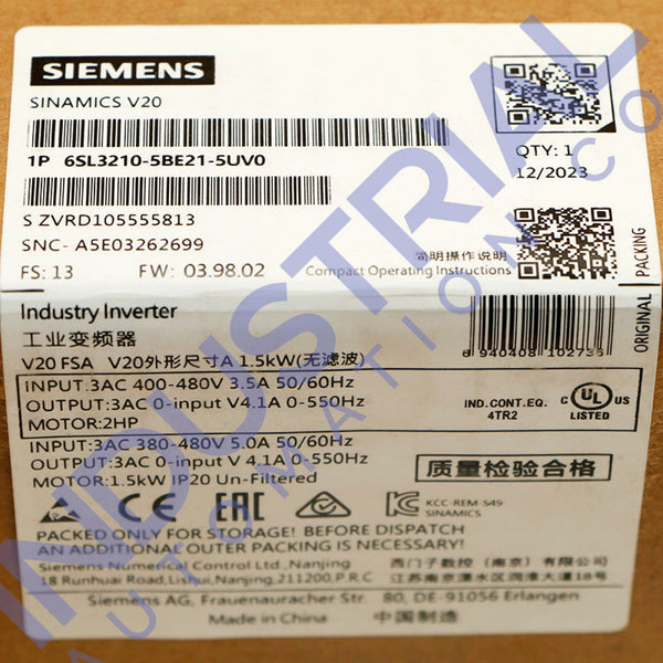 Siemens 6SL3210-5BE21-5UV0 New